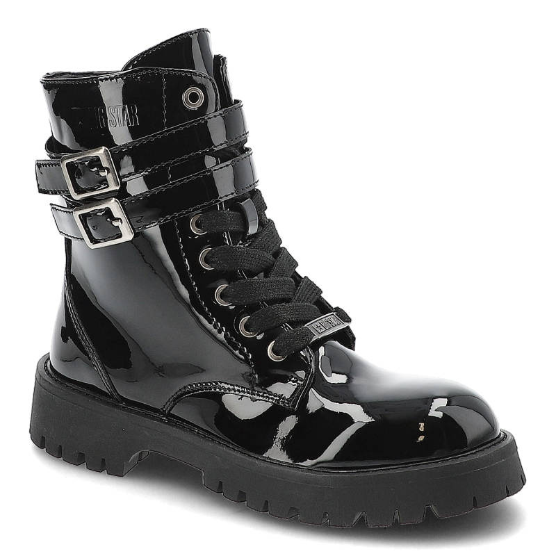 Trzewiki damskie Big Star, cholewka z lakierowanej skóry ekologicznej z sznurowaniem i podwójnym paskiem z klamrami, czarne, KK374131
