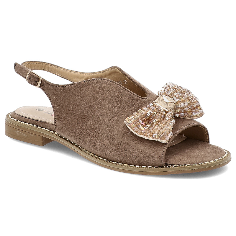 Sandały damskie S. Barski, materiałowe z ozdobną kokardą na płaskim obcasie i ze sprzączką, beżowe, KV51-014