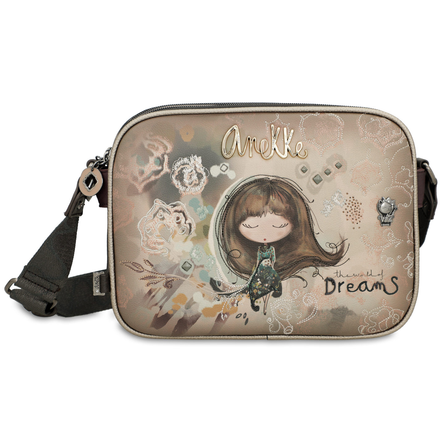 Torebka damska Anekke, mała we wzory zapinana na zamek z regulowanym paskiem, brązowa, 41703-188