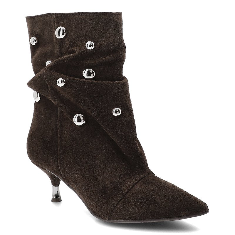 Botki damskie Chebello, zamszowe skórzane na szpilce z noskiem w szpic i marszczona cholewka z ozdobami, brązowe, 4826