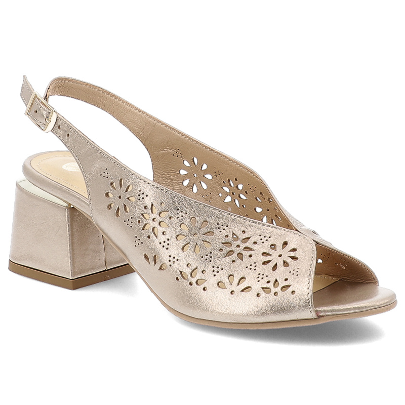 Sandały damskie Armodo, ze skóry licowej z dziurkami na klocku ze sprzączką eleganckie, złote, 1981-3014
