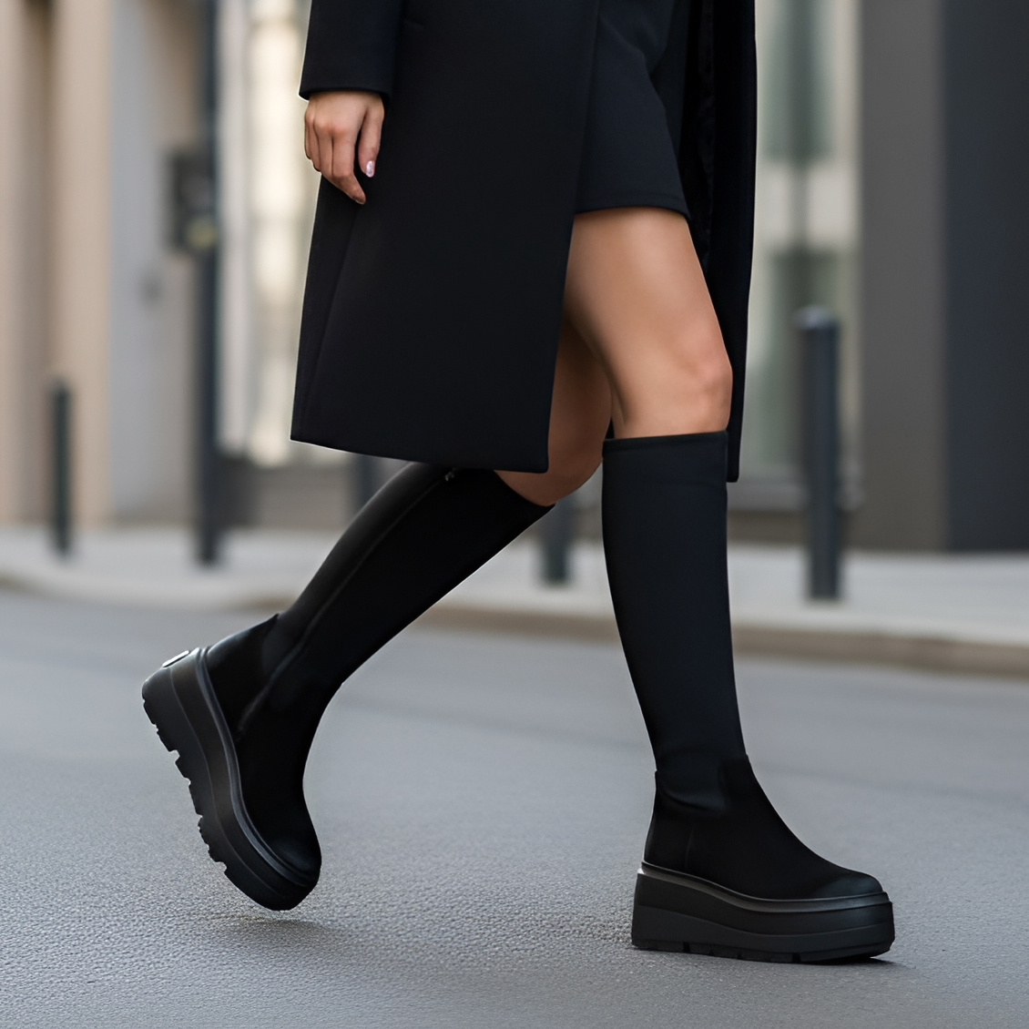 Kozaki damskie CheBello, eleganckie ze skóry i na grubej wysokiej platformie, czarne, 4741-034-415-MIC-S332