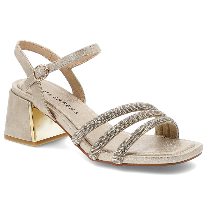 Sandały damskie Alma en Pena, eleganckie na klocku z cyrkoniami i ze sprzączką, złote, V2550945