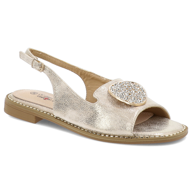 Sandały damskie S. Barski, z eko skóry z ozdobą na płaskim obcasie, jasne złoto, KV51-083