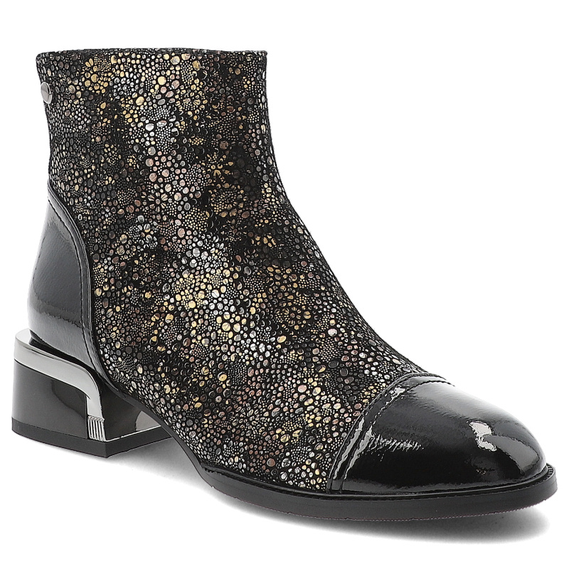 Botki damskie S. Barski, lakierowane na stabilnym klocku z okrągłym noskiem i we wzory, czarne, CR52-695