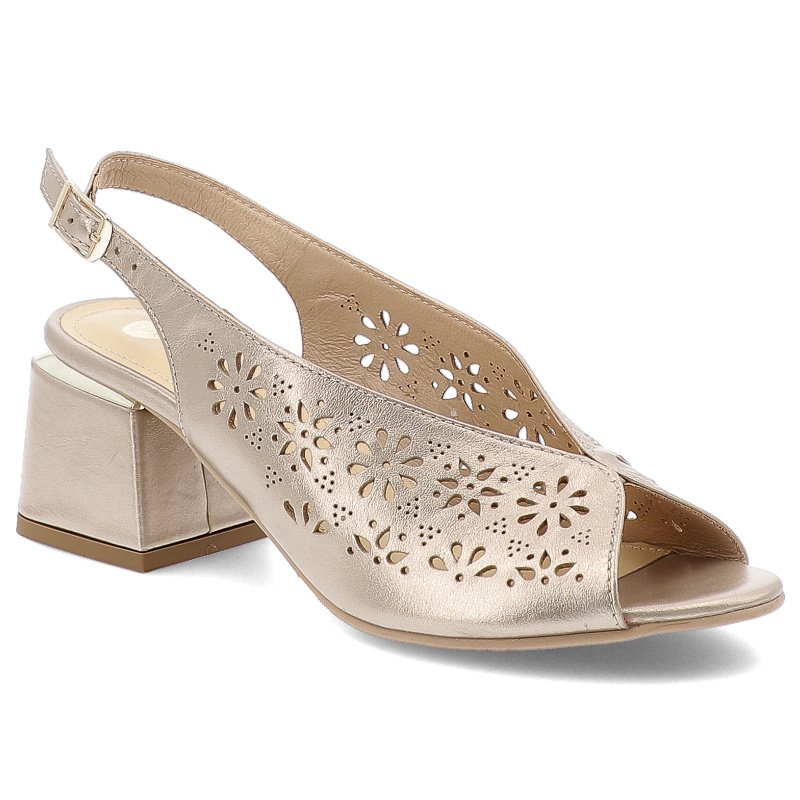 Sandały damskie Armodo, ze skóry licowej z dziurkami na klocku ze sprzączką eleganckie, złote, 1981-3014