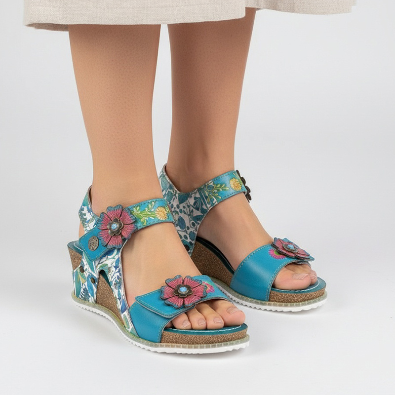 Sandały damskie Laura Vita, ze skóry naturalnej z odkrytym przodem i wielokolorowe wstawki z nadrukiem, niebieskie, Bonito 38 AS313-38 Turquoise
