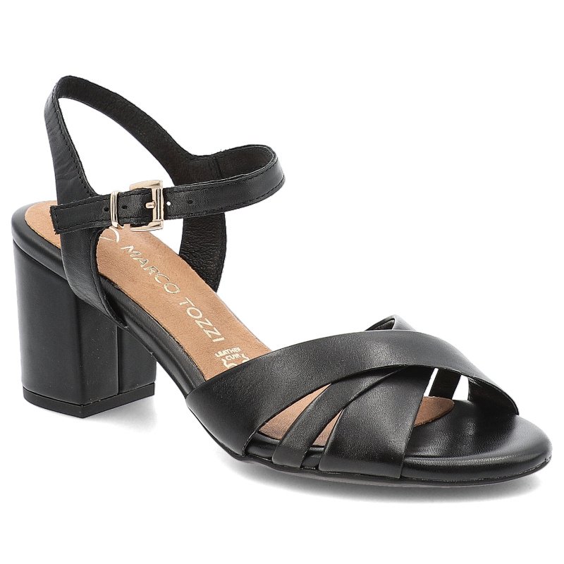 Sandały damskie Marco Tozzi, eleganckie skórzane na słupku ze sprzączką, czarne, 2-28327-44-001