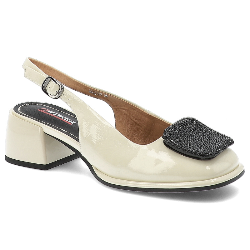 Sandały damskie Artiker, skórzane lakierowane z ozdobą na klocku i ze sprzączką, beżowe, 56C2425