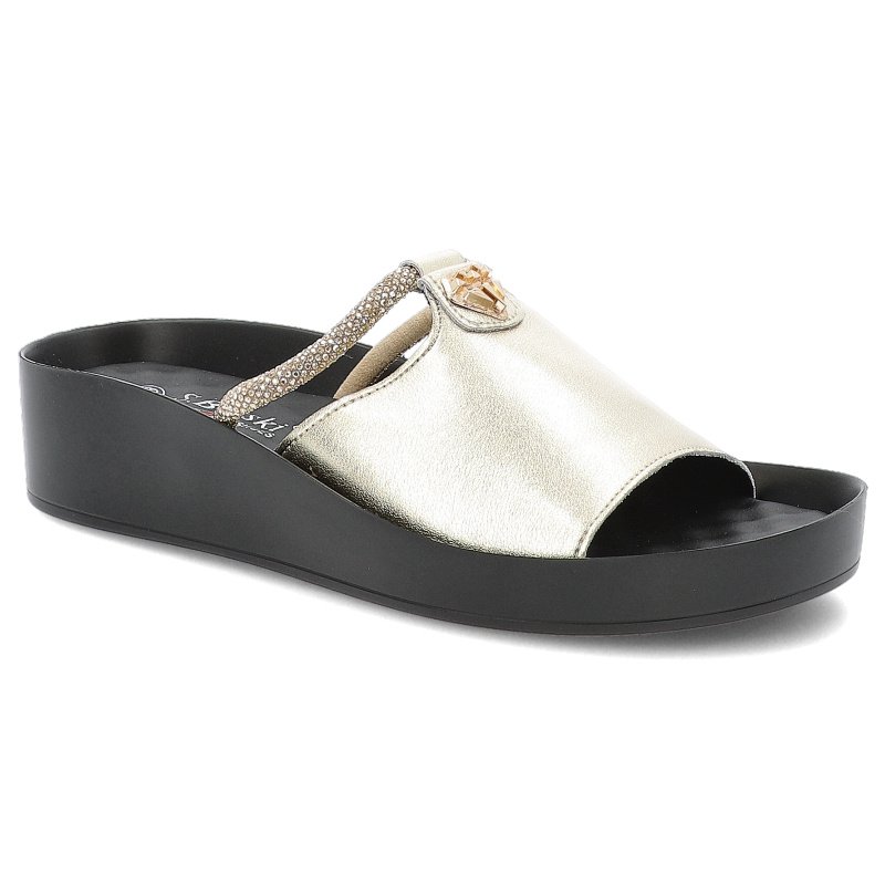 Klapki damskie S. Barski, na platformie ze skóry naturalnej z ozdobą eleganckie, złote, KV51-034