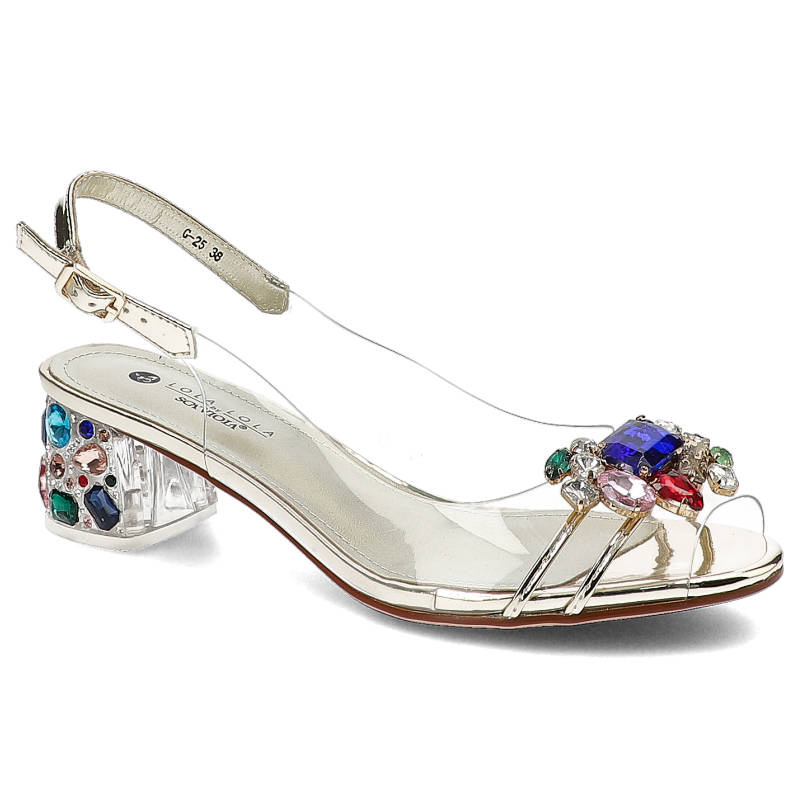 Sandaly damskie Scaviola, z ozdobną aplikacją z kolorowych kryształów oraz stabilnym i dekorowanym obcasem, złote, G-25