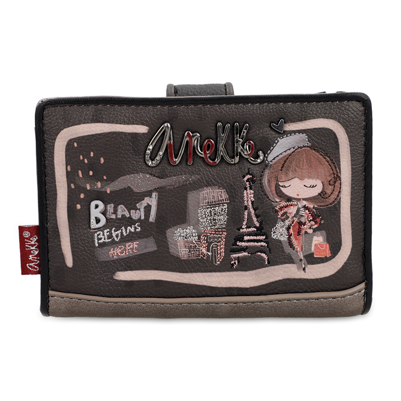 Portfel damski Anekke, duży we wzory z miejscem na zdjęcia na karty i na bilon, brązowy, 41809-902