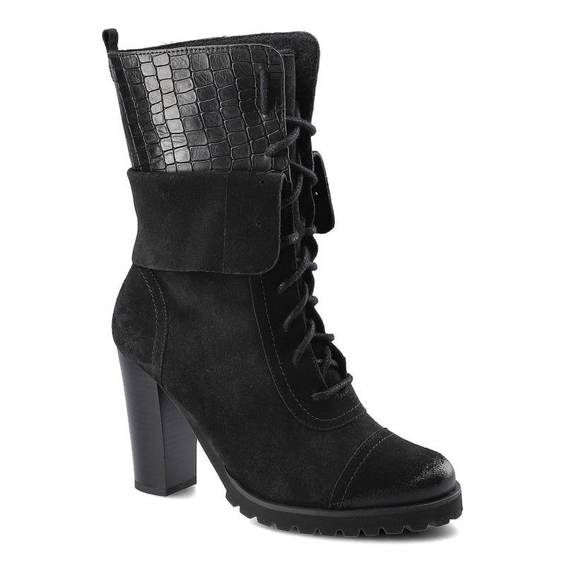 Botki damskie Libero, sznurowany fason cholewka ze skóry naturalnej zamszowej z tłoczoną wstawką podwyższona cholewka za kostkę stabilny obcas typu s