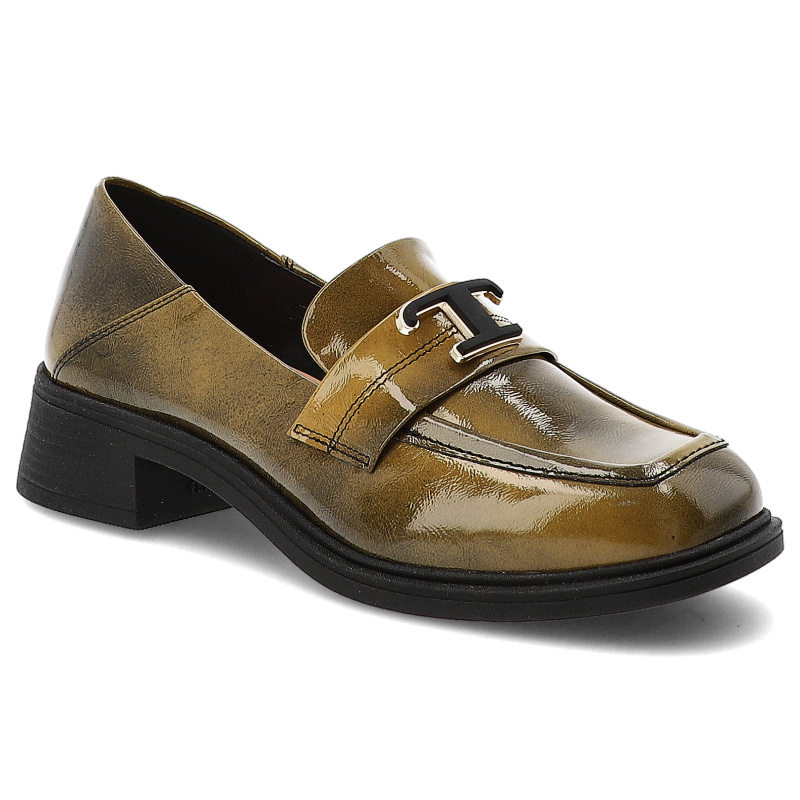 Półbuty damskie Armodo, ze skóry i z ozdobą wsuwane na płaskim obcasie z kwadratowym noskiem, zielone, 2093-2371