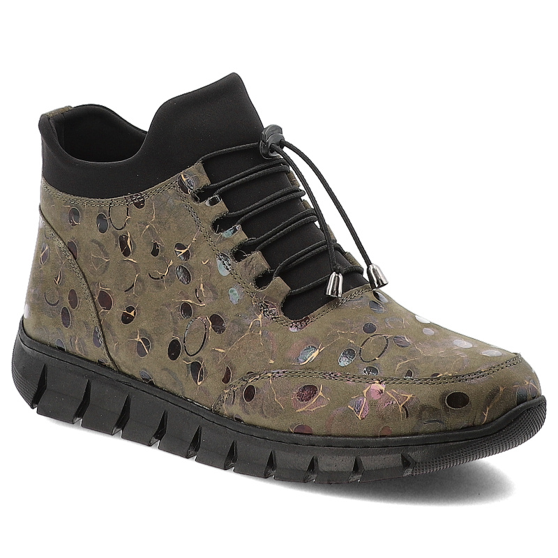 Trzewiki damskie Artiker, skórzane licowe we wzorki z okrągłym noskiem na płaskiej podeszwiei na zamek, khaki, 57C2163
