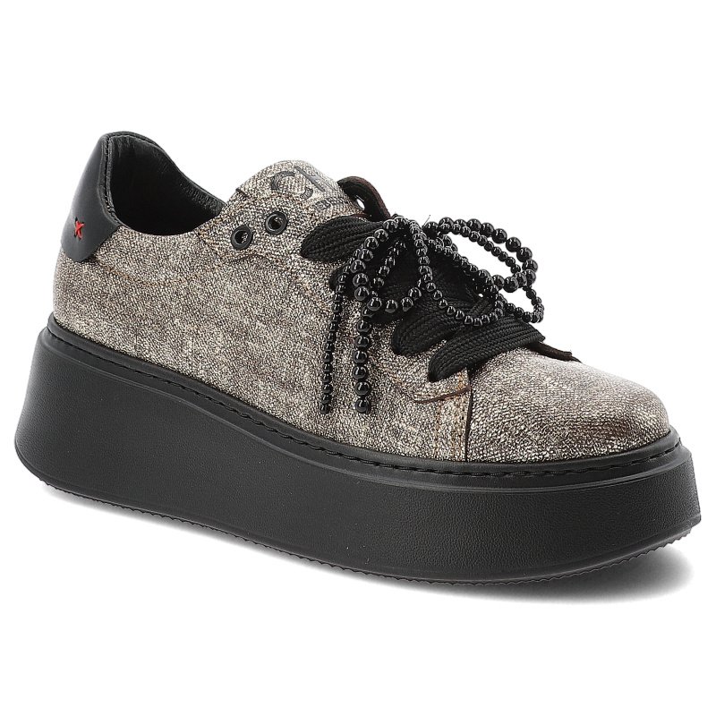 Sneakersy damskie Chebello, ze skóry na grubej podeszwie z okrągłym noskiem z ozdobą i sznurowane, czarno-złote, 4696-534-002