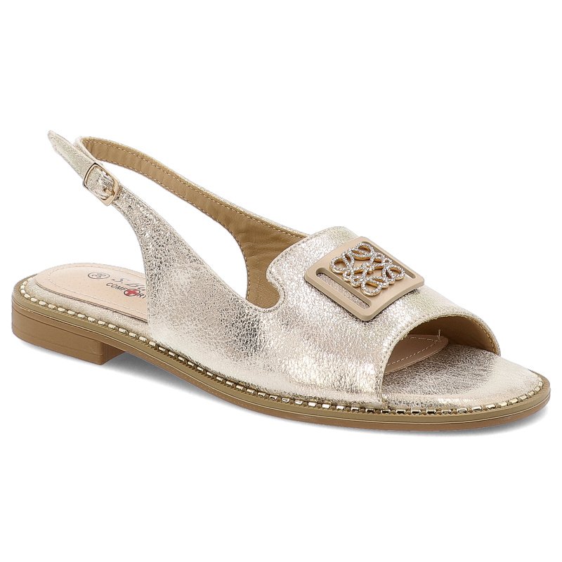 Sandały damskie S. Barski, na płaskim obcasie z eko skóry z ozdobą ze sprzączką, jasne złoto, KV51-082