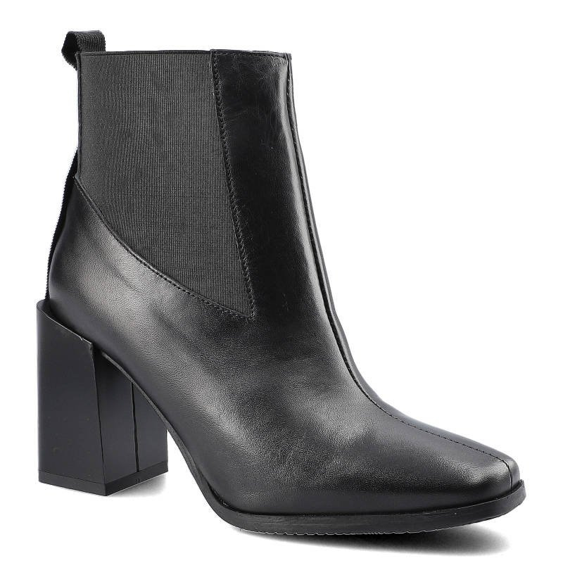 Botki damskie Karino, naturalna skóra licowa z elastyczną wstawką po boku cholewki oraz wysokim obcasem o geometrycznym kształcie, czarny, 3552-076-F