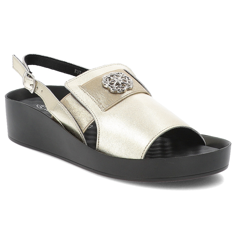 Sandały damskie S. Barski, ze skóry naturalnej na platformie z ozdobą eleganckie, złote, KV51-070