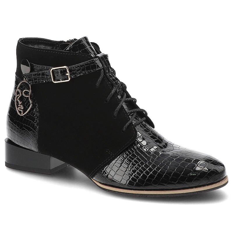 Trzewiki damskie Maciejka, skórzana cholewka z tłoczeniem sznurowanie pasek z klamrą przy kostce, czarne, 5743A-20-00-7