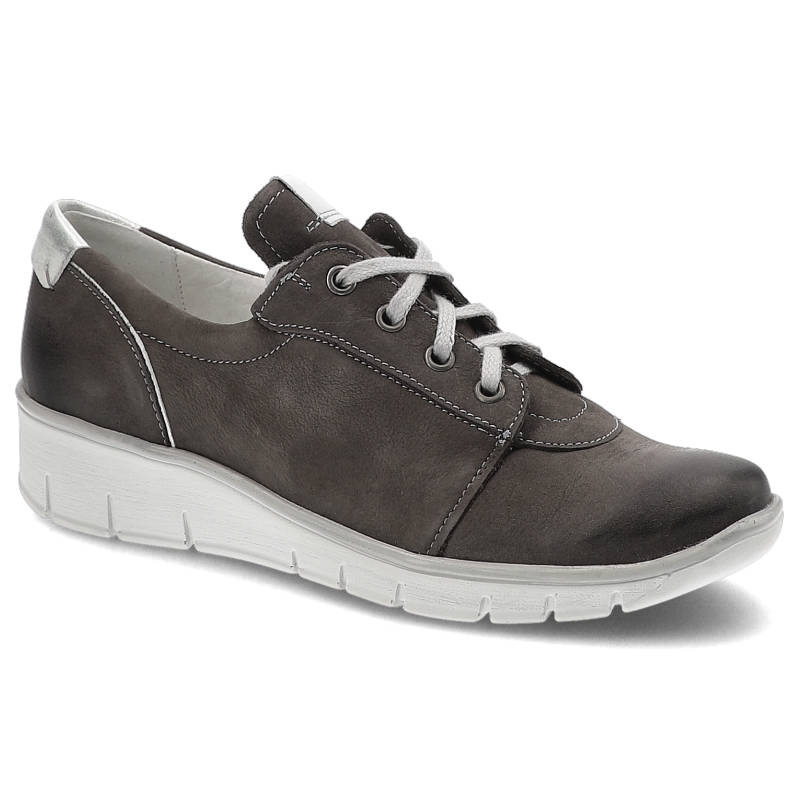 Półbuty damskie Pollonus, na niskim koturnie i ze skóry naturalnej, szare Samuel, 5-0902-024
