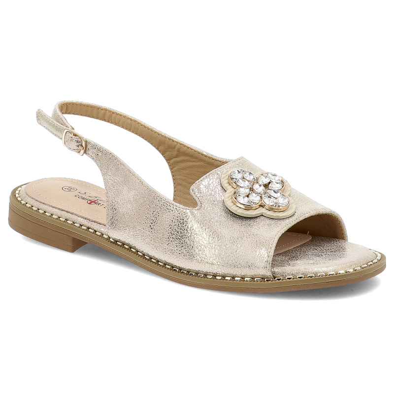 Sandały damskie S. Barski, eleganckie na płaskim obcasie z eko skóry z ozdobą, jasne złoto, KV51-080