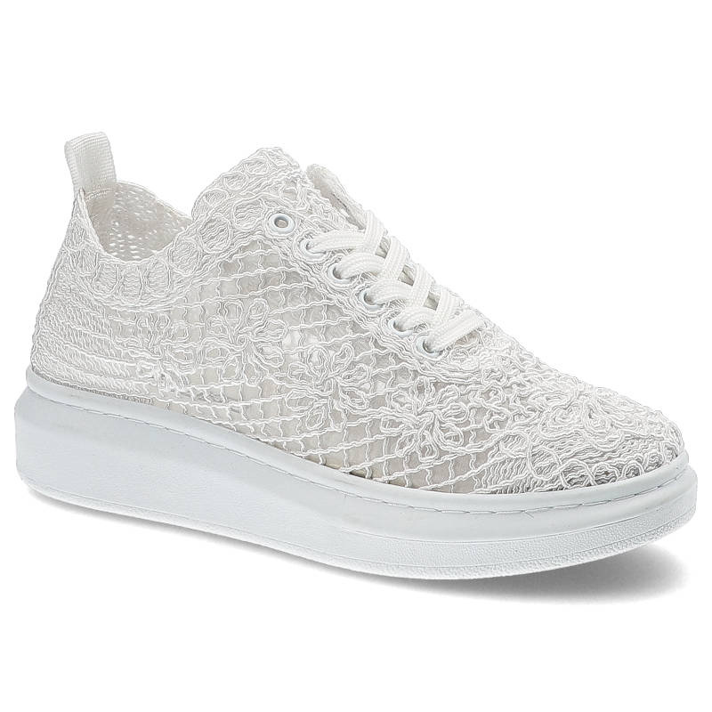 Półbuty damskie Artiker, tekstylna cholewka z ażurowym koronkowym wzorem klasyczne sznurowanie podwyższona platforma, białe, 50C1115