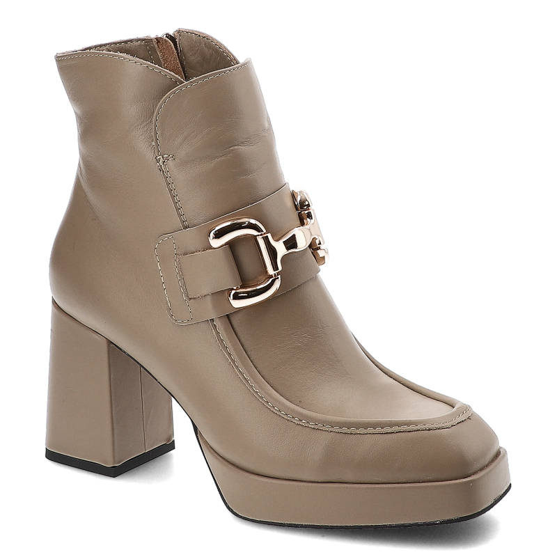 Beżowe Botki Simen Ocieplane Skórzane Buty Na Obcasie