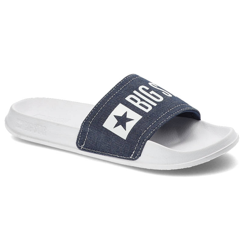 Klapki damskie Big Star, szeroki pasek z materiału tekstylnego z nadrukiem wsuwany fason bez zapięć, białogranatowe, JJ174532