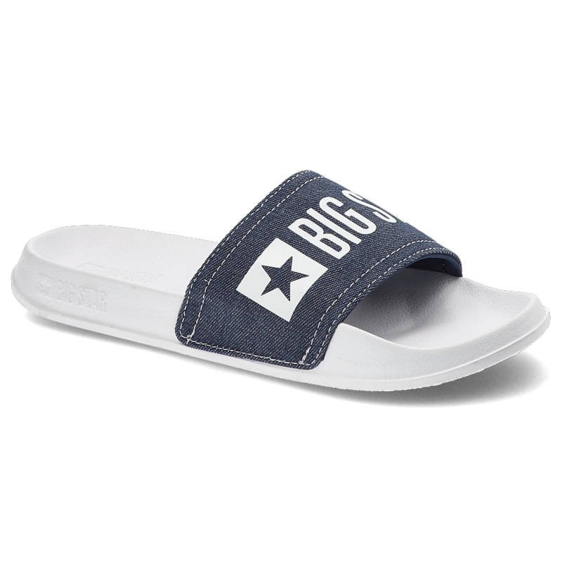 Klapki damskie Big Star, szeroki pasek z materiału tekstylnego z nadrukiem wsuwany fason bez zapięć, białogranatowe, JJ174532