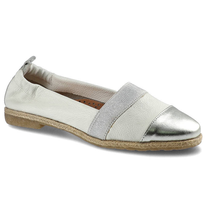 Półbuty damskie Lamelia, wsuwane ze skóry naturalnej i na płaskiej podeszwie, białe srebrne, 40C1167