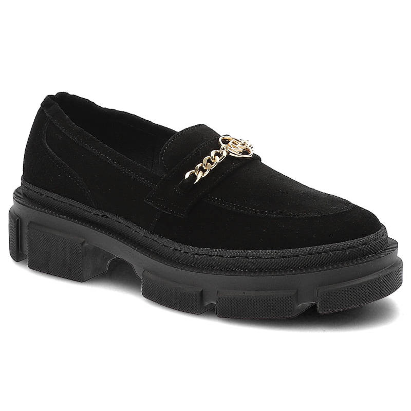 Półbuty damskie Karino, zamszowa cholewkaozdobny łańcuch metalowy miękka wkładka, czarny welur, 4370-003-P
