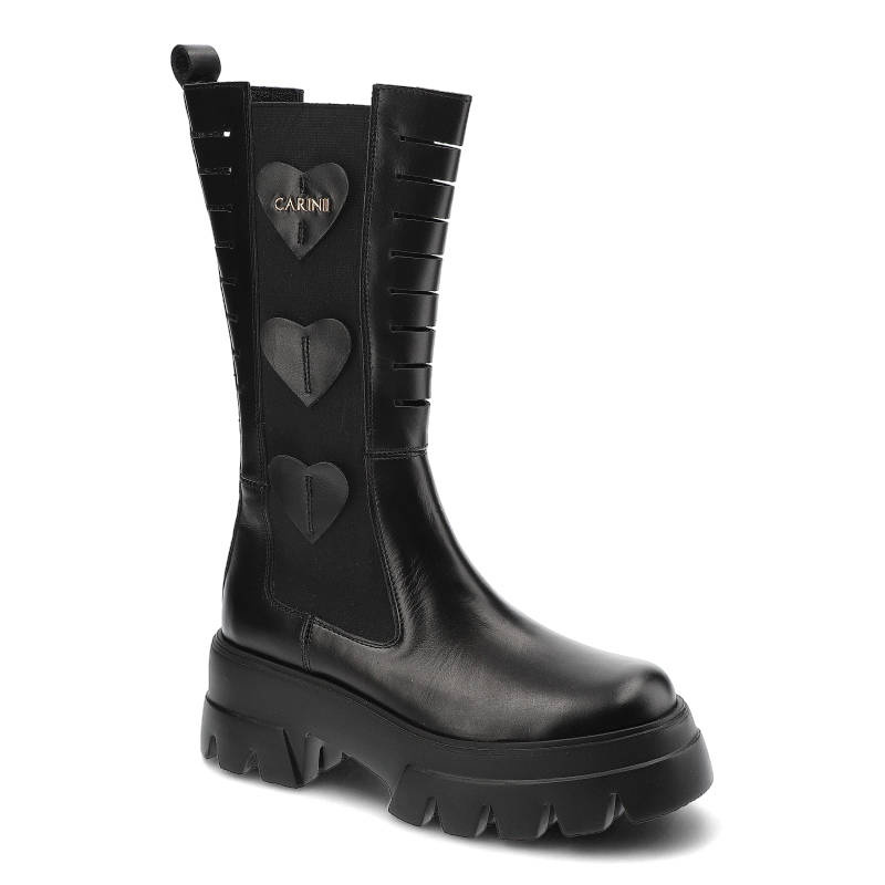 Kozaki damskie Carinii, gładka skórzana cholewka z dekoracyjnymi aplikacjami wysoki krój z elastyczną wstawką, czarne, B7918