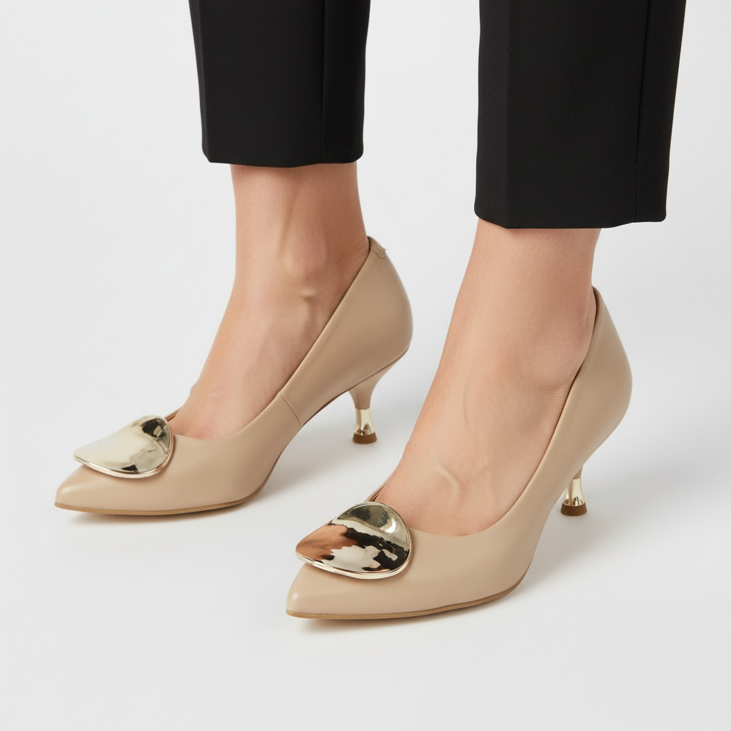 Czółenka damskie Chebello, ze skóry naturalnej licowej szpiczasty nosek metalowa ozdoba na przodzie niski obcas typu kitten heel, beżowe, 4929_-308-0