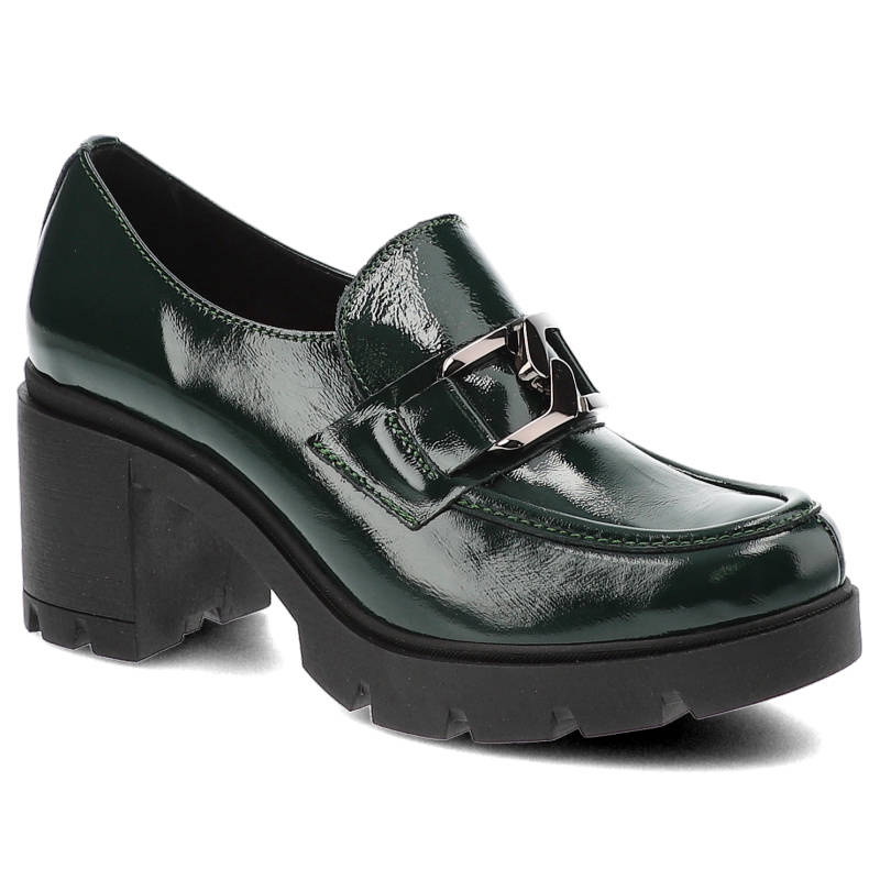 Półbuty damskie Lemar, lakierowana skóra naturalna masywna podeszwa z wyraźnym bieżnikiem ozdobny metalowy element, oliwkowe, 20097-Naplak