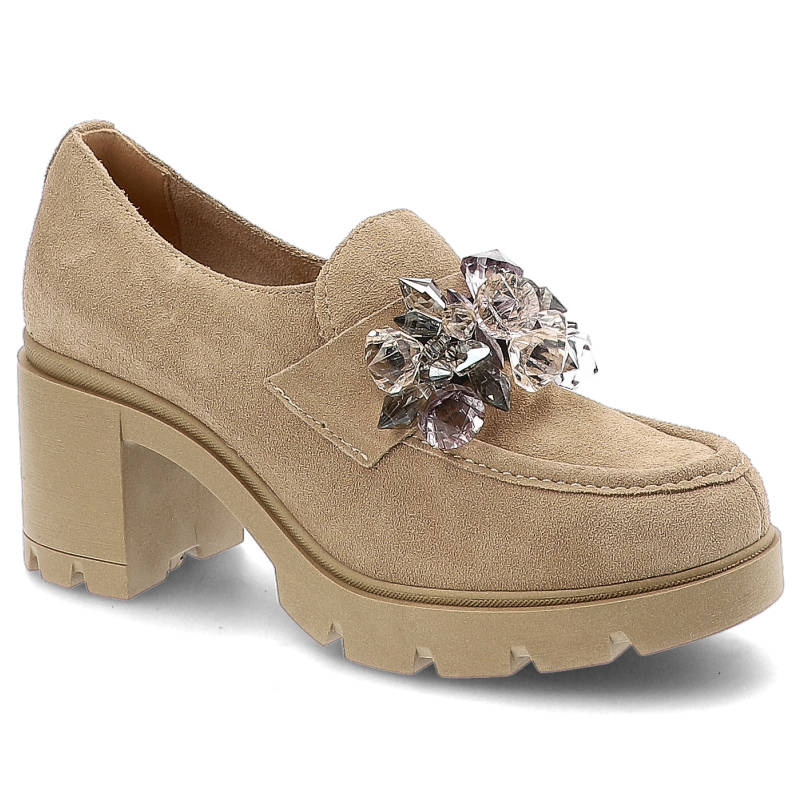 Półbuty damskie Lemar, cholewka ze skóry zamszowej wsuwany fason stabilny obcas dekoracyjna ozdoba biżuteryjna, w beż, 20112