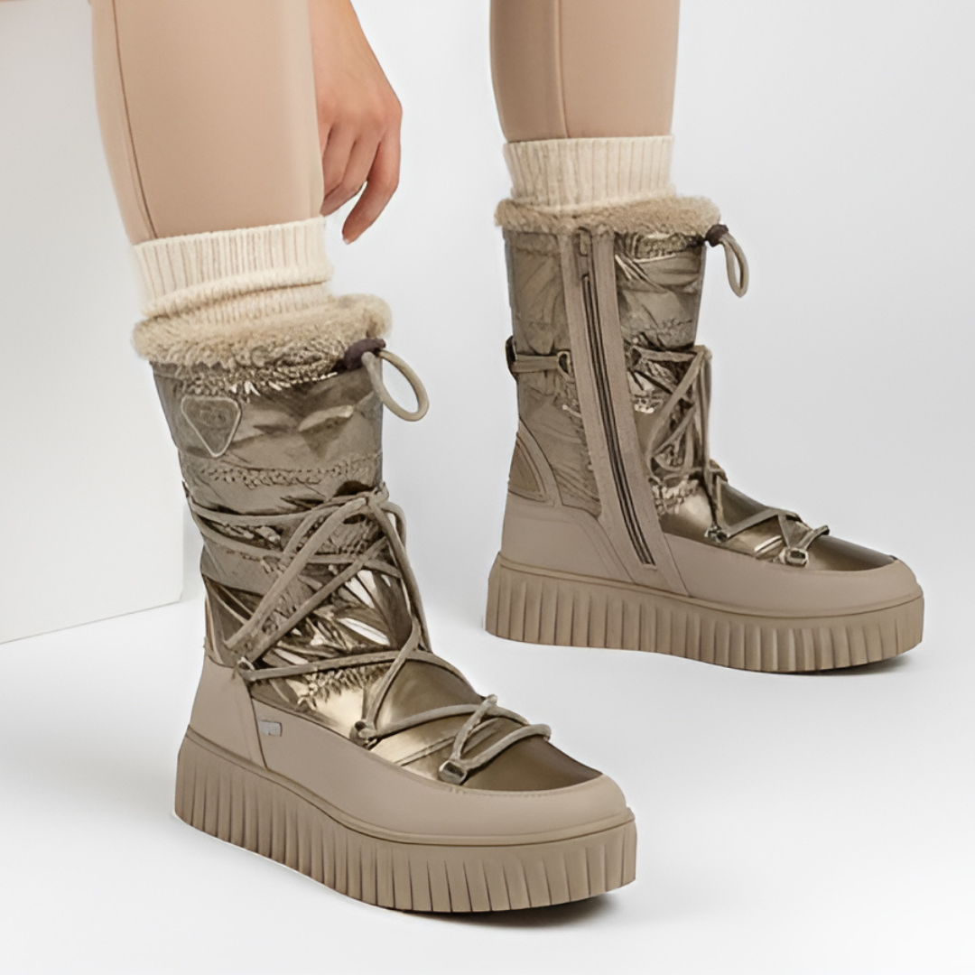 Śniegowce damskie Marco Tozzi, ocieplane futerkiem na grubej platformie z tworzywa, beżowe, 2-26413-45-344