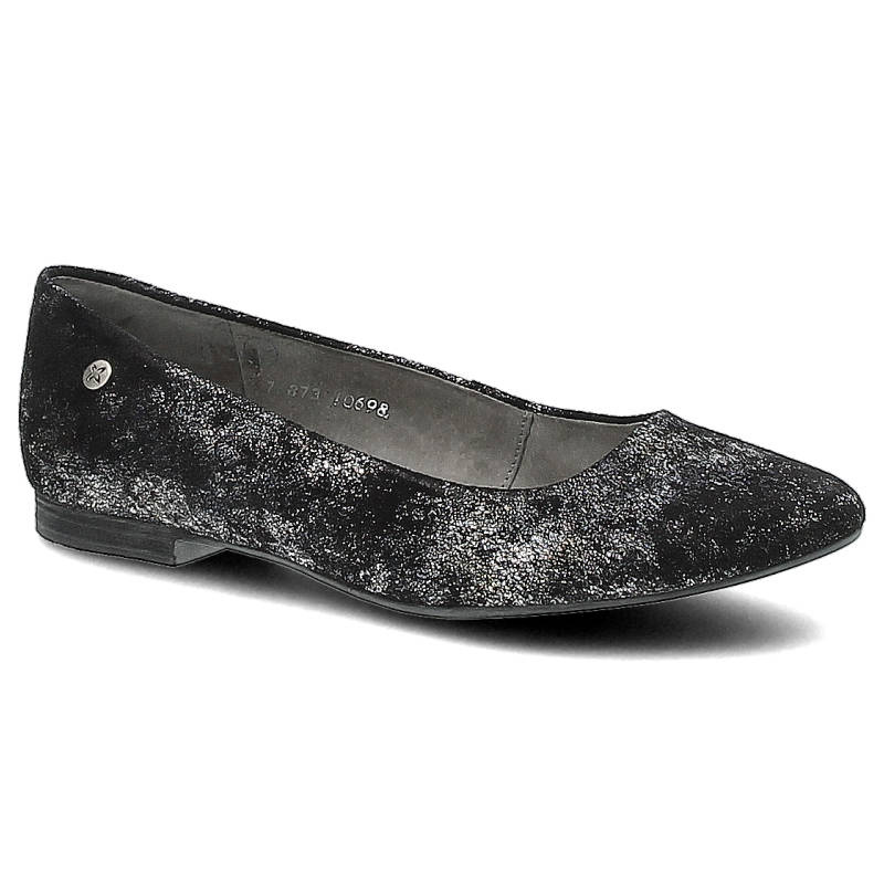Baleriny damskie Maciejka, skóra zamszowa z połyskującymi drobinami but wsuwany i na płaskiej podeszwie, czarne srebrne, 00873-12-00-5