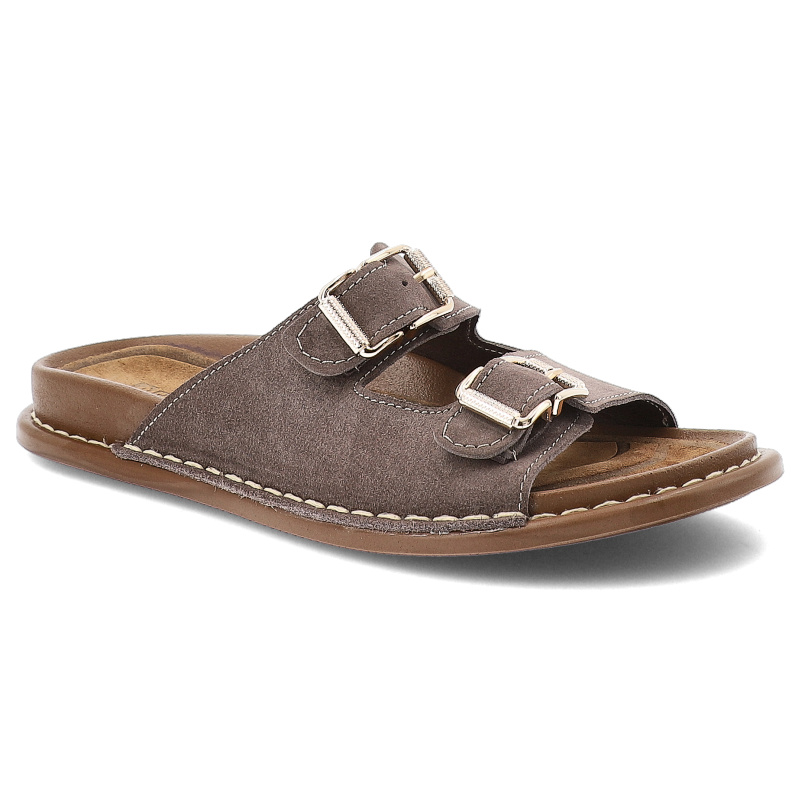 Klapki damskie Artiker, skórzane zamszowe na platformie z klamrami profilowane, szare, 56C0679