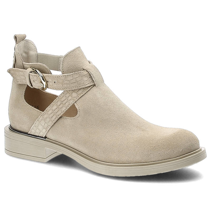 Botki damskie Lemar, z zabudowanym noskiem bocznymi wycięciami paskiem z klamrą i elastyczną wstawką przy kostce, beżowe, 30061-W