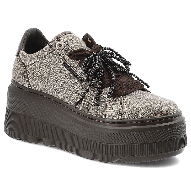 Sneakersy damskie Chebello, skózane na platformie z ozdobą sznurowane z okrągłym noskiem, brązowo-złote, 4658-534-000-PSK-S332