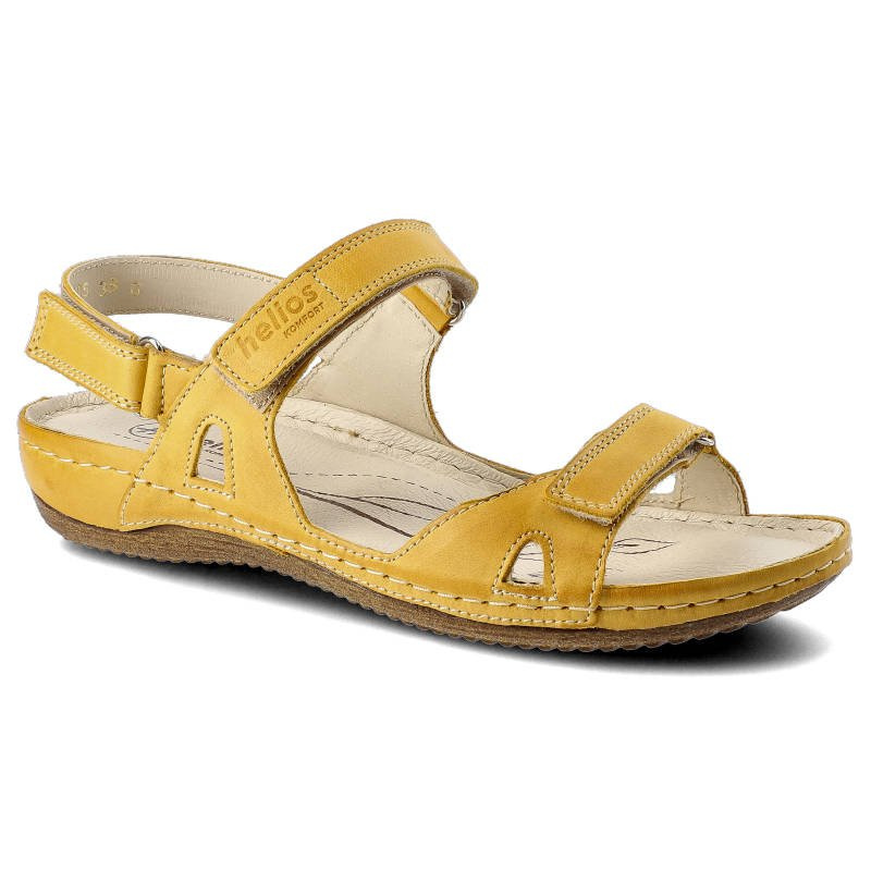 Sandały damskie Helios, naturalna skóra licowa z regulowanymi paskami na rzep profilowaną wkładką oraz elastyczną podeszwą, żółte, 205