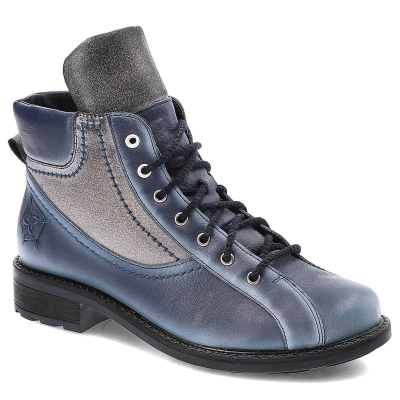 Botki damskie Maciejka, wysoka cholewka sznurowana i przeszywana ozdobnym szwem łączącym skóry naturalne, granatowe, 03662-17-00-3