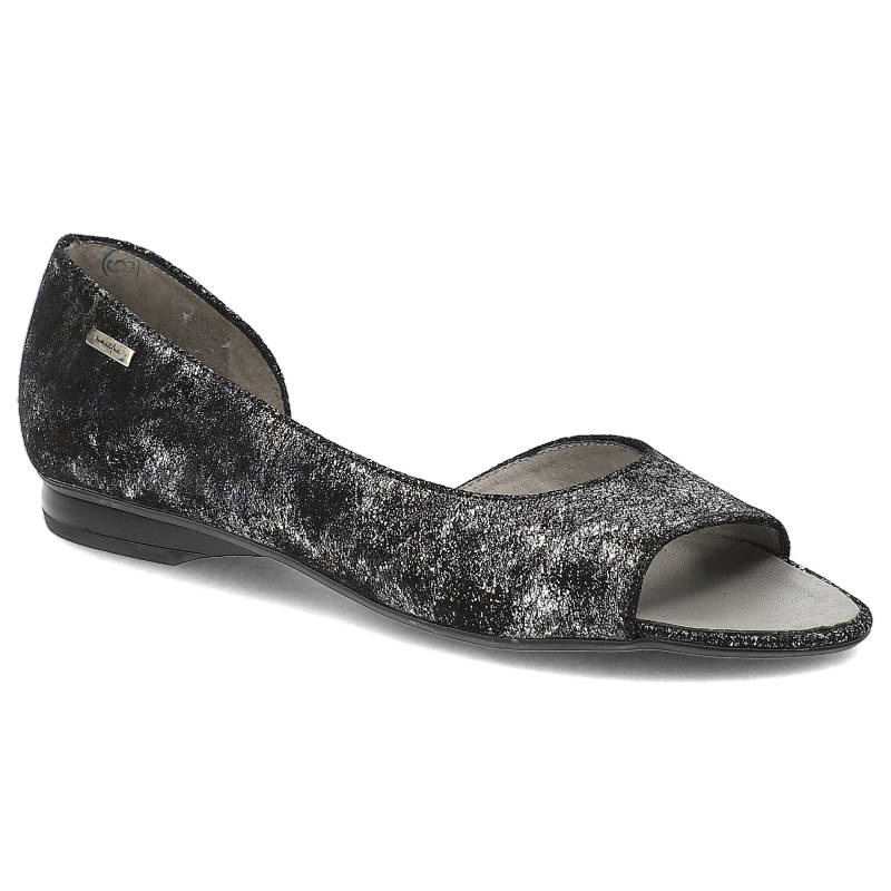 Półbuty damskie Maciejka, zamsz z otwartymi palcami miękką wkładką i na płaskiej podeszwie, czarne srebrny nalot, 0554-35-00-5