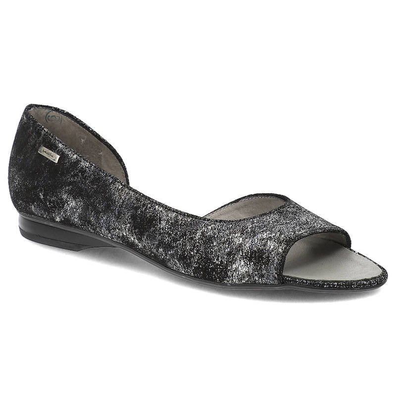 Półbuty damskie Maciejka, zamsz z otwartymi palcami miękką wkładką i na płaskiej podeszwie, czarne srebrny nalot, 0554-35-00-5