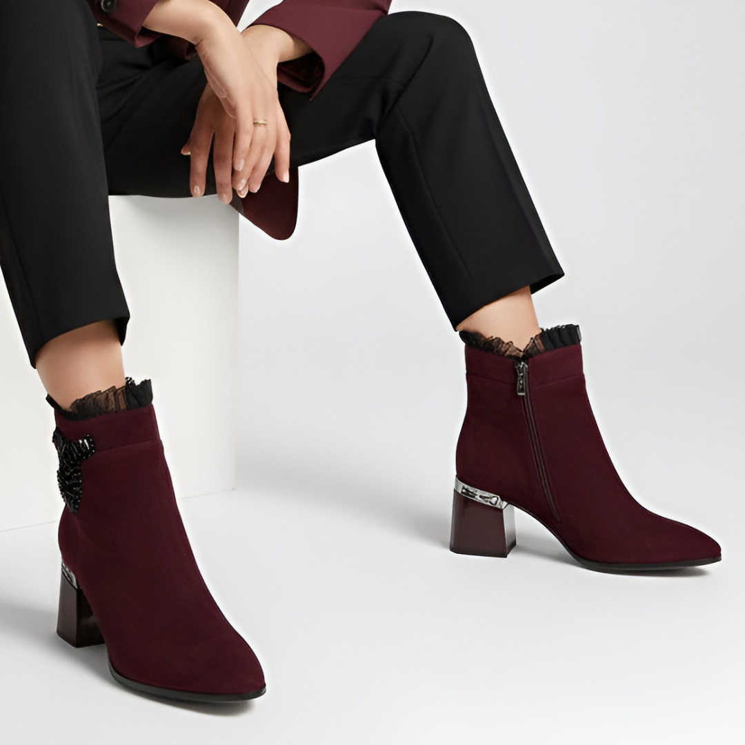 Botki damskie S. Barski, na słupku zamszowe bogato zdobione i na zamek, bordowe, MR52-127