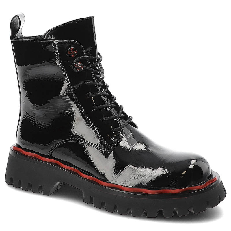 Botki damskie S‑Barski, z lakierowanej skóry kologicznej z wysoką cholewką i klasycznym sznurowaniem masywna podeszwa z kontrastowym paskiem i głębok