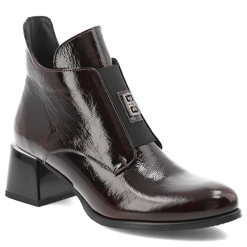 Botki damskie Armodo, skórzane z ozdobą na klocku zapinane na zamek i z okrągłym noskiem, bordowe, 60560