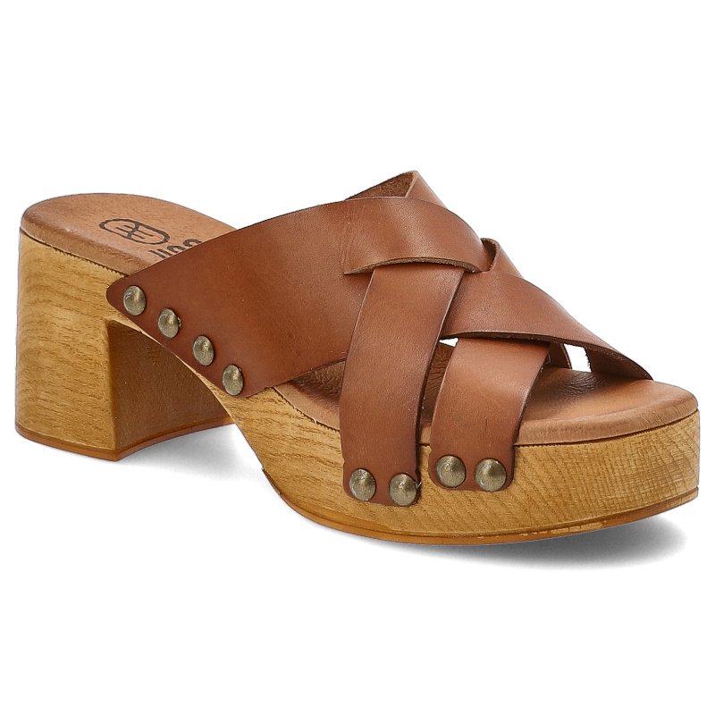 Klapki damskie HEE, na klocku skórzane z ozdobami wygodne, brązowe, 25355