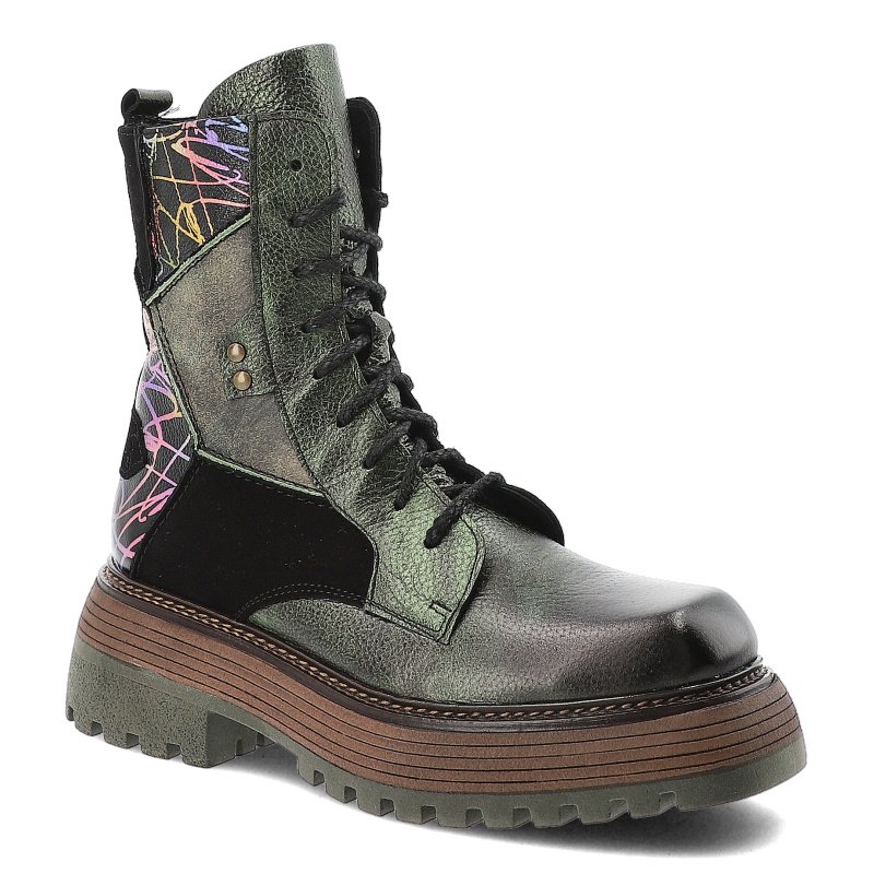 Botki damskie Maciejka, trzewiki na masywnej podeszwie skórzane we wzory z okrągłym noskiem za kostkę, zielone, 07104-09-00-8